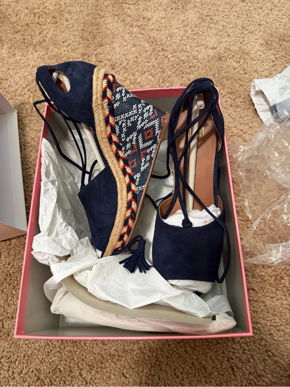 Cabi Isla Navy Suede Espadrille Wedge Sandals - Geometric Boho Ankle Tie Size 7 - Picture 5 of 14